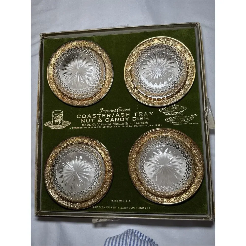 VTG Astorloid 24K Gold Plated Crystal Coasters Ashtrays Nut Dishes 4.5